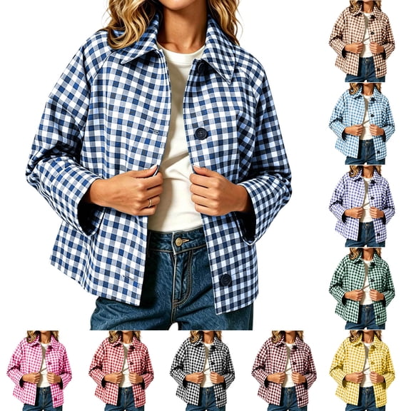 Lcziwo Button Down Jacket for Women Gingham Lapel Casual Cropped Shacket Plaid Pockets Loose Fit Fall Dressy Outfits Red,L
