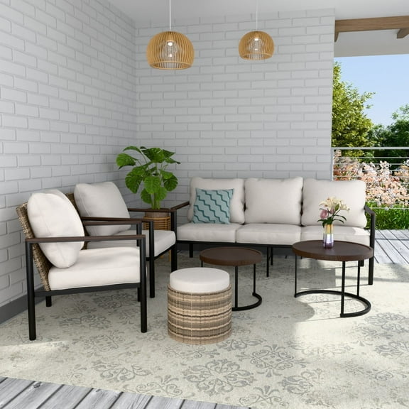 COOS BAY Sand Dune 6-piece Light Brown Wicker Outdoor Patio Conversation Sofa Set with Wood Grain Top Nesting Coffee Tables and Ottomans, Beige Cushions