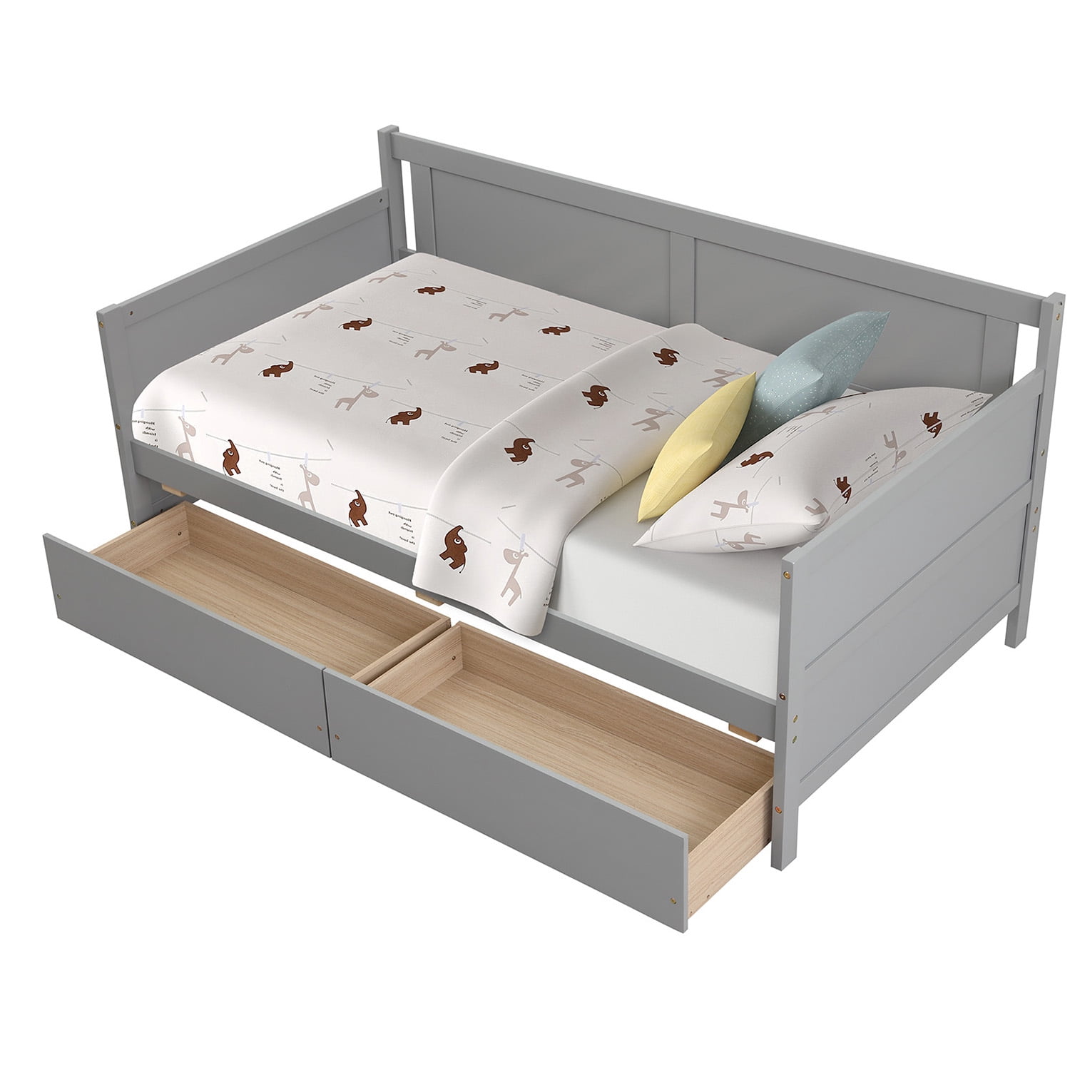 Miniyam Wooden Twin Size Daybed with 2 Drawers, Sofa Bed for Bedroom Living Room, Gray