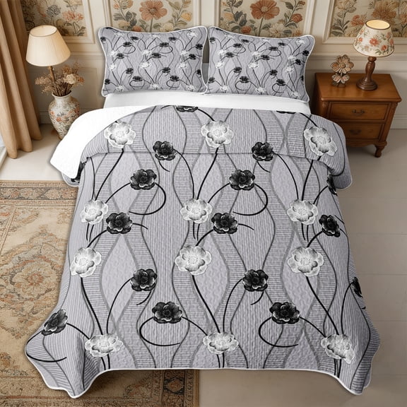 Manfei Minimalist Floral Stripes Twin Quilt Set 2 Pieces,Abstract Botanical Geometric Twin Coverlet Set,1 Bedspread and 1 Pillowcase