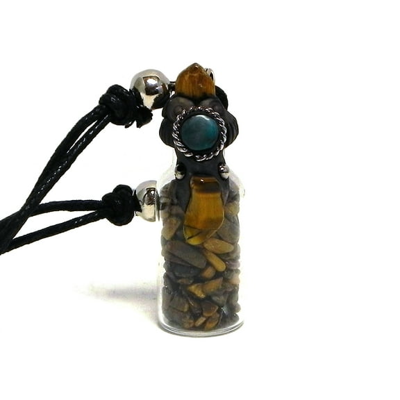 Healing Chip Stone Glass Wishing Bottle Tumbled Gemstone Crystal Pendant Chrysocolla Adjustable Necklace - Womens Fashion Handmade Jewelry Boho Accessories