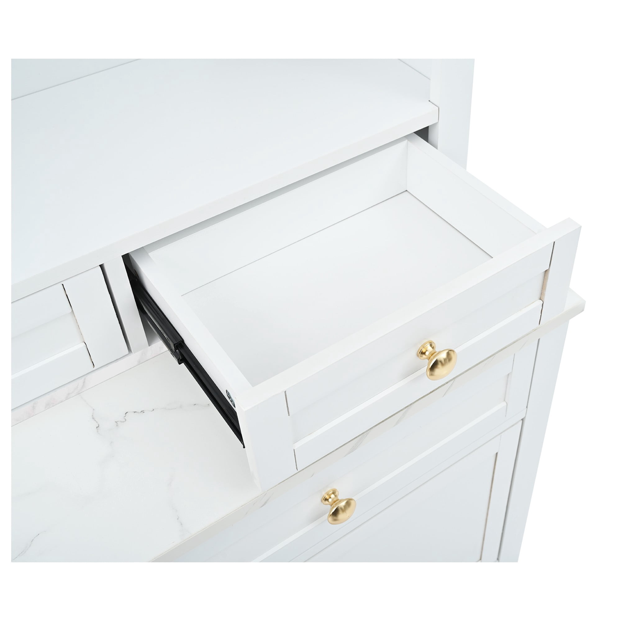 Modern 83.7inch High Kitchen Pantry, Freestanding Tall Kitchen Hutch with Faux Marble Top, Display Cupboard Cabinet with 5 Storage Drawers and Adjustable Shelf (White)