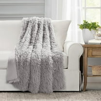 Lush Decor Emma Faux Fur Polyester Throw, 60x50, Light Gray, Single