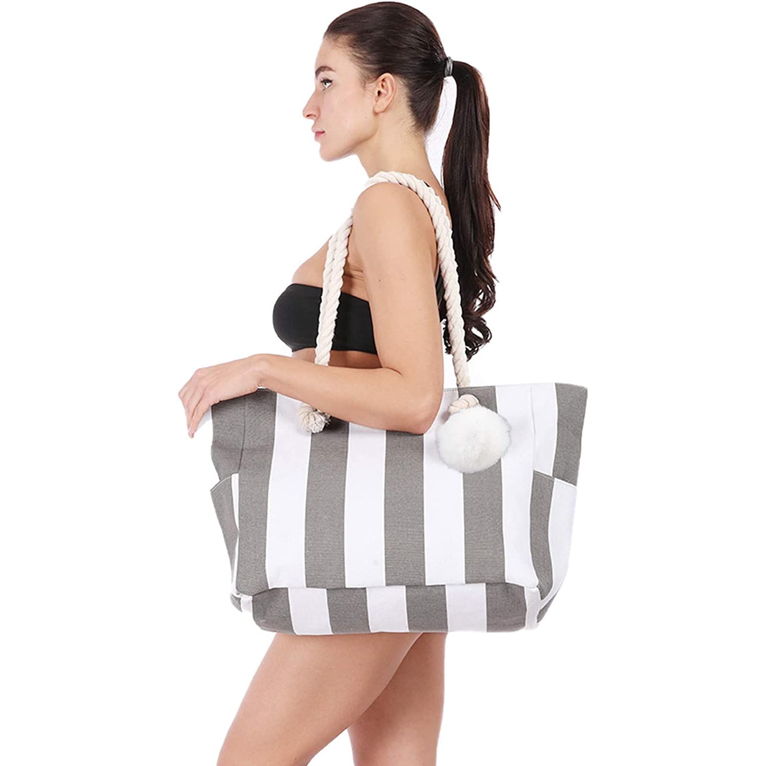 Extra Large Beach Bags Totes Women Waterproof Sandproof Big Tote Bag Zipper Inner Pockets Rope Handle Canvas with Zip Closure Swim Pool Gym Picnic Travel Weekend Accessorie Striped Grey Handbag Gifts