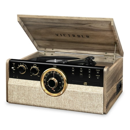 Victrola 6-in-1 Wood Empire Mid Century Modern Bluetooth Record Player with 3-Speed Turntable, CD, Cassette Player and Radio, Farmhouse (Best Mid Priced Turntable)