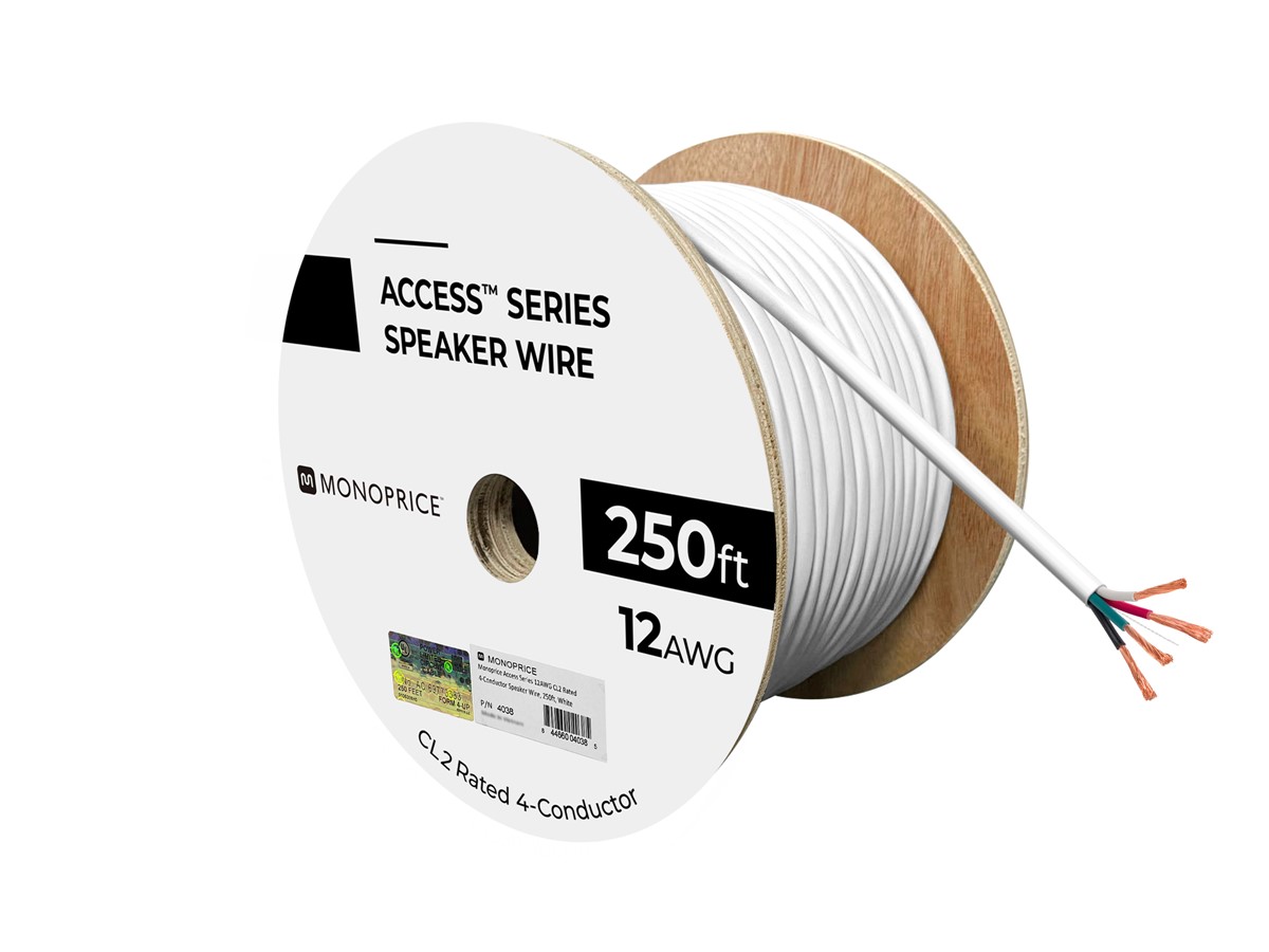 Monoprice Speaker Wire, CL2 Rated, 4-Conductor, 12AWG, 250ft, White