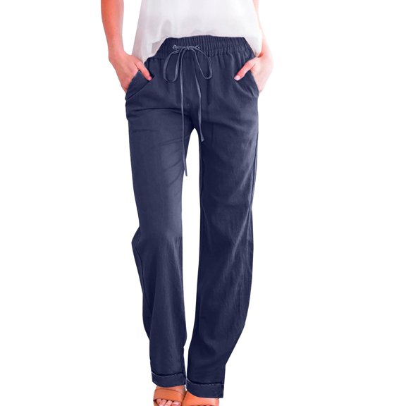 Lumtrix Cotton Linen Pants Women Casual Drawstring Pant High Waisted Straight Leg Lounge Trousers with Pockets Navy S