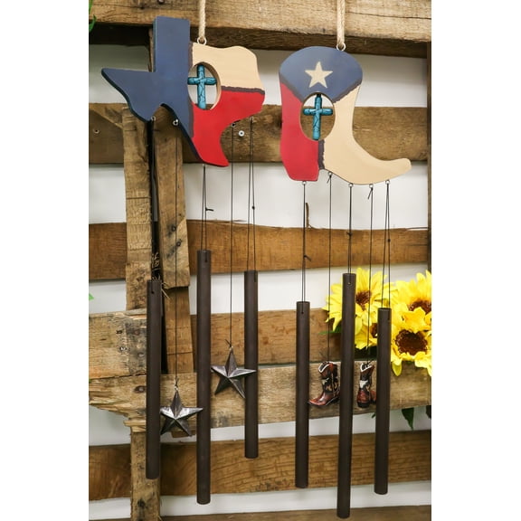 Pack of 2 Western Star Texas State Flag Cowboy Boot Turquoise Cross Wind Chimes