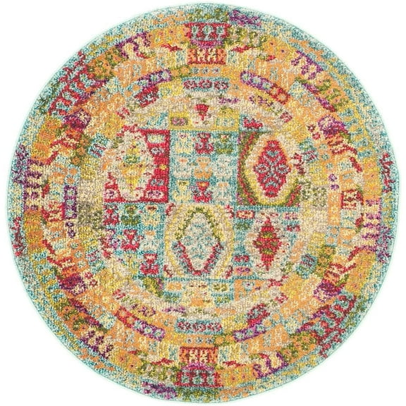 3.25' Blue and Red Geometric Round Area Throw Rug
