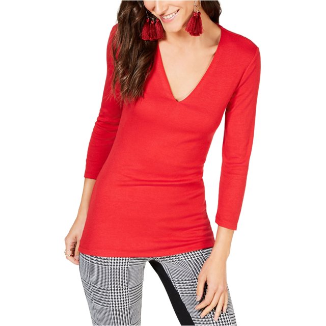 Camiseta básica con cuello en V para mujer de INC, roja, mediana I-N-C Camiseta básica