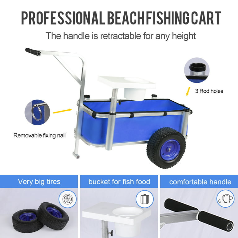 Beach Fishing Cart, 35.8L x 16.1W x 29.9H Fish and Marine Carts w/  300lbs Load Capacity, with 12 Big Wheels Balloon Tires for Sand,  Heavy-Duty Aluminum Wagon-Rod Holders & Trolley, no Rust (