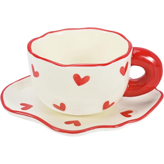 Ceramic Coffee Mug Saucer Set, Cute Creative Cup with Heart Pattern Saucer Design for Office and Home, Dishwasher and Microwave Safe, 6 oz/180 ml for Latte Tea Milk(x)