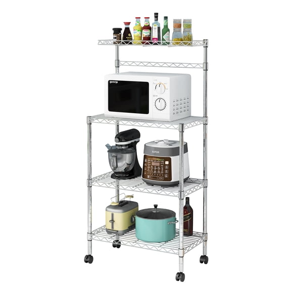 HUJHKIO 4-Tier Kitchen Storage Baker's Rack with Microwave Shelf, Heavy Duty Adjustable Storage Cart, Steel Organizer Stand for Pantry, Silver