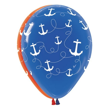 12 Nautical Anchor Print 11" Latex Balloons Red & Blue W/White Design Qualatex