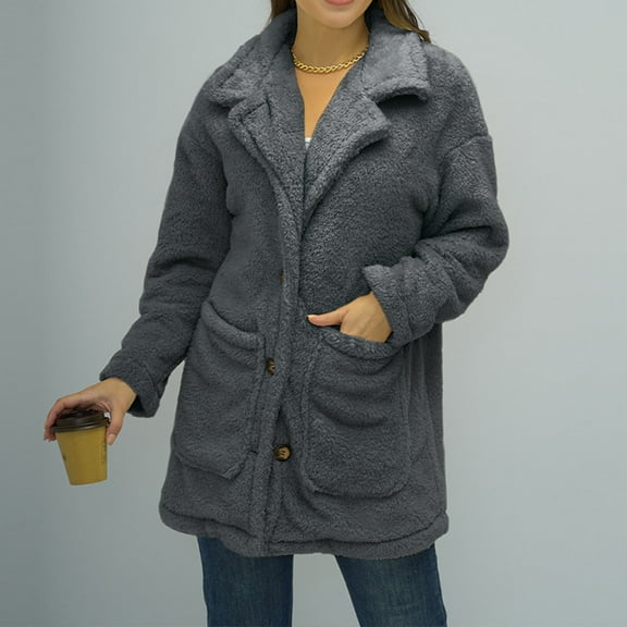 SDJMa Women'S Fashion Long Sleeve Loose Solid Color Large Lapel Zipper Thickened Plush Coat