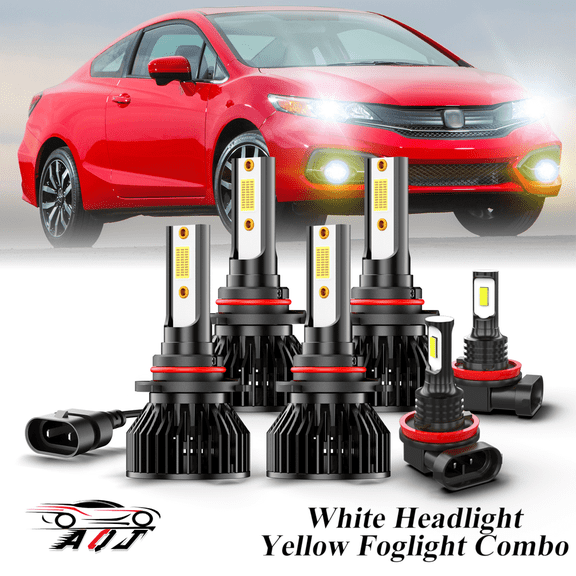 Fit for Honda Civic 2006-2015 LED Headlight Combo 6 Pack, 6,000K White 10,000LM Super Bright Headlight 3500K Amber Yellow Foglight Bulb Set, Premium LED Lamp Upgrade Set