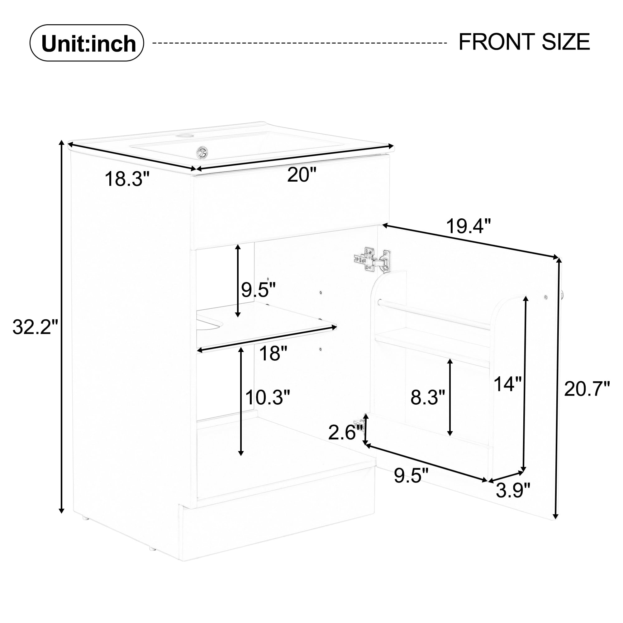 Euroco 20" Bathroom Vanity with Sink, Vanity Cabinet with Door Shelf and Adjustable Shelf