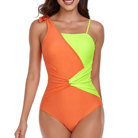 Swimsuit for Women 2025 Fashion Contrast Color One Piece Bathing Suit Beach Summer Camisole Slimming Swimwear Tankini Orange,XL