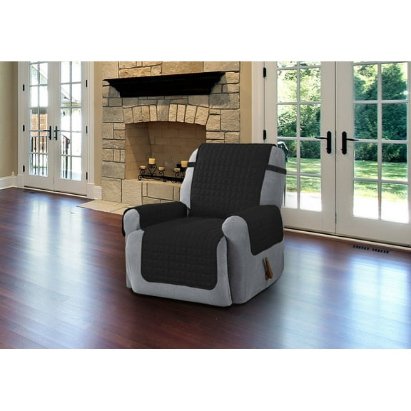 Linen Store Furniture Protector, Quilted Microfiber Machine Washable Cover with Tucks & Elastic Strap Perfect for Kids, Dogs, Pets (Black, Recliner)