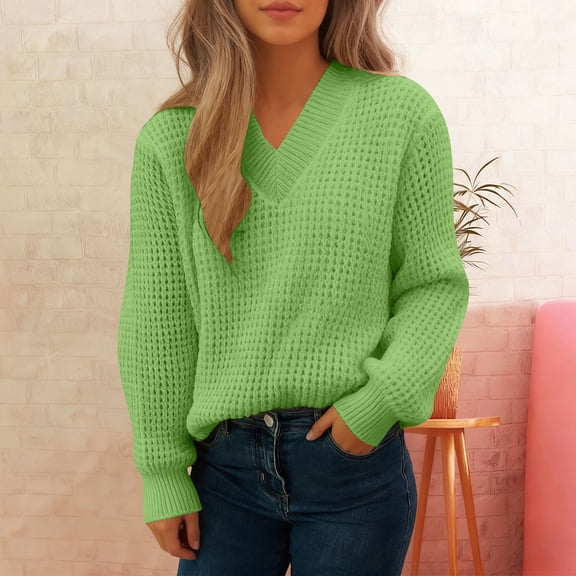Vivianyn HD Women's Waffle Knit V Neck Sweater, Long Sleeve Casual Knit Pullover,Green,Size S-L