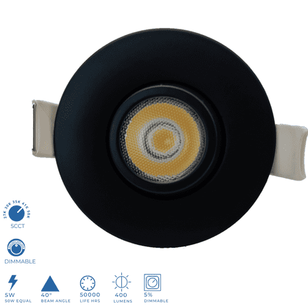 

Perlglow 2 inch Gimbal Round Downlight Luminaire Black Finish LED Recessed Light Dimmable 5W=50W 400 Lumens CRI 90+ IC Rated 5CCT
