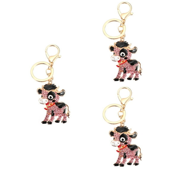 Set of 3 Plush Cow Keychains with Rhinestone Detail - Unique Auto Accessories for Women