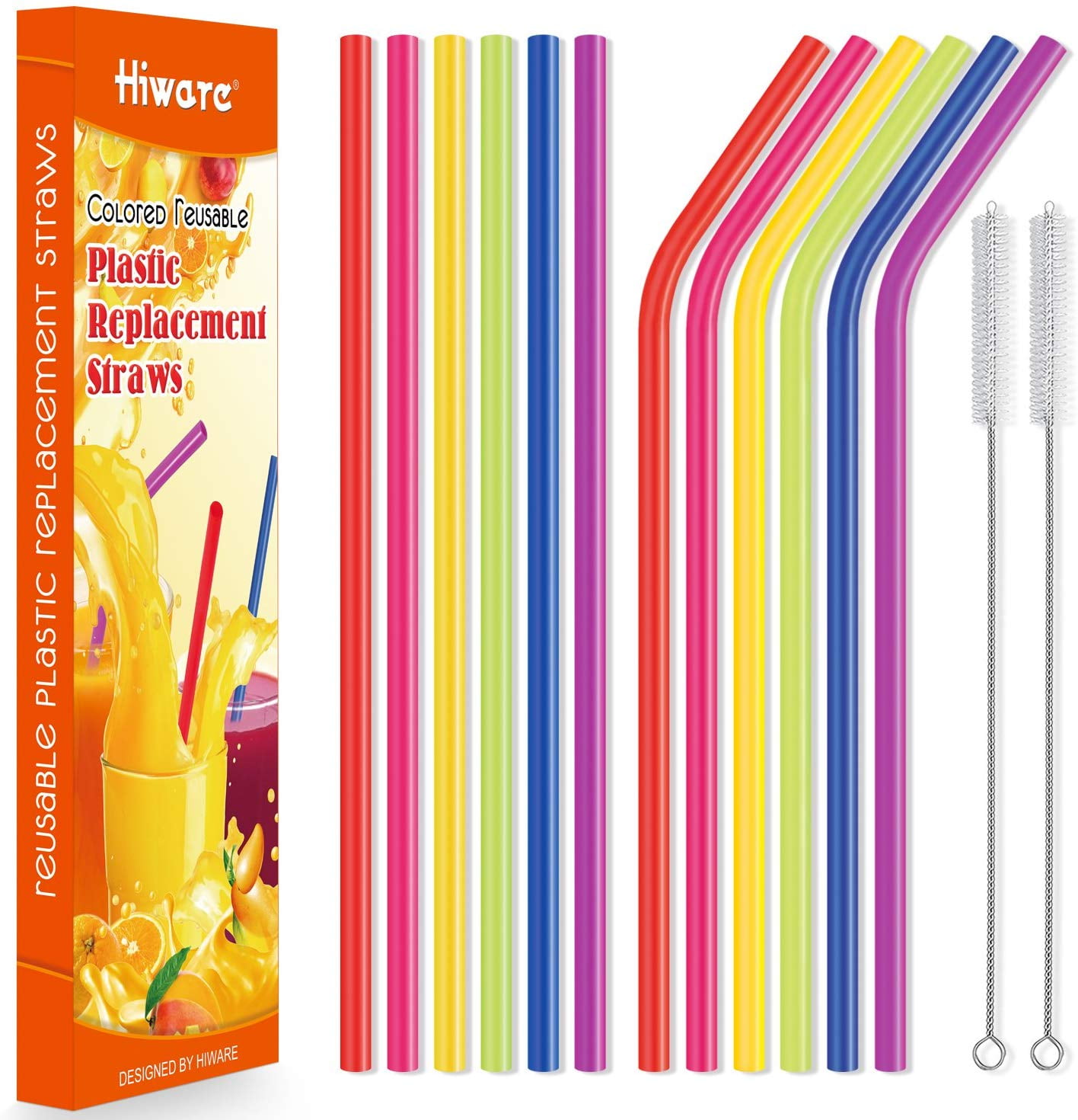 12 Pack Reusable Straws, Hiware 10.5' Colored Replacement Straws for
