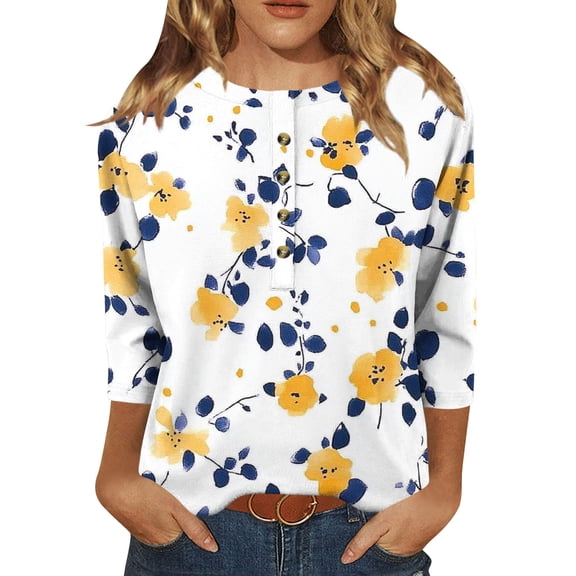 Delliss Women's Print Button Crew Neck 3/4 Sleeve Casual T-Shirt Loose Top Yellow S