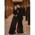 thumbnail image 3 of Vestido de fiesta de satén con cuello en V profundo para mujer, manga larga, abertura alta, vestido de noche formal, negro XL ER, 3 of 3