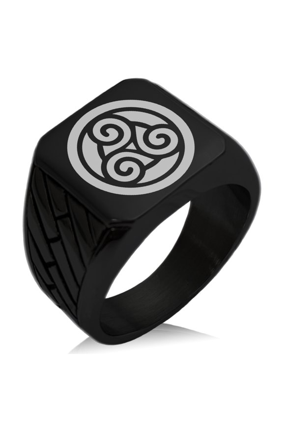 Stainless Steel Celtic Triskele Triskelion Circle Knot Geometric Pattern Biker Style Polished Ring