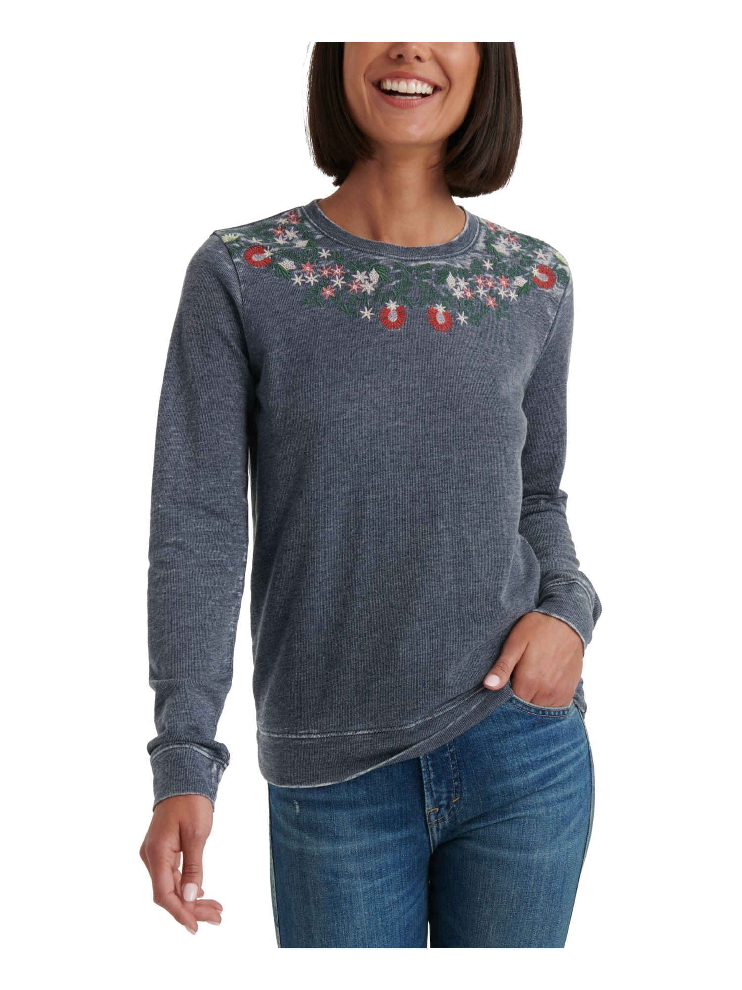 Lucky Brand LUCKY BRAND Womens Gray Floral Long Sleeve Crew Neck Top