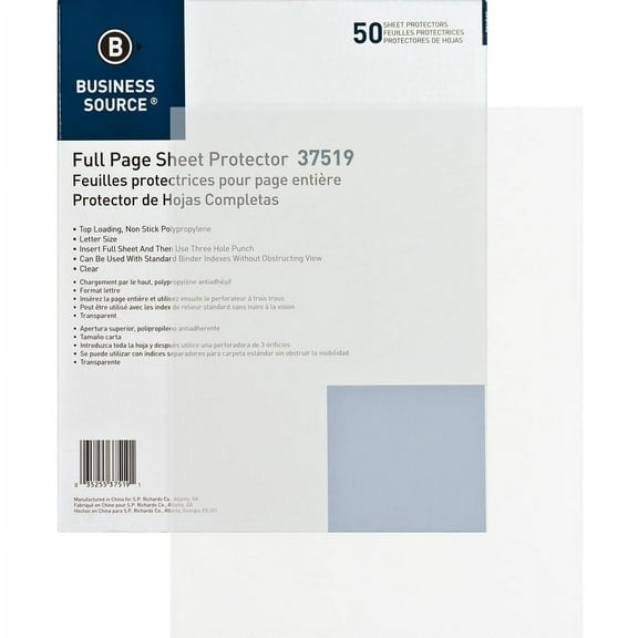 Business Source Full Sheet Top Load Poly Sheet Protectors - 3.1 mil Thickness - For Letter 8 1/2" x 11" Sheet - Rectangular - Clear - Polypropylene - | Bundle of 2 Boxes