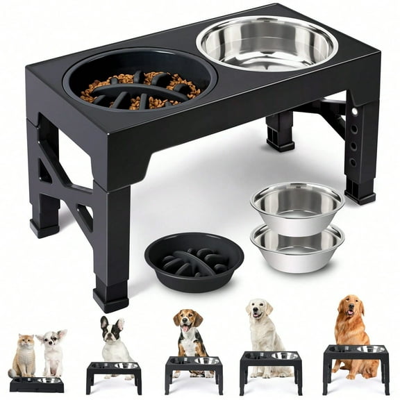 JQDWMDLX 5 Adjustable Heights Raised Dog Bowl Stand with 2 Stainless Steel Dog Food Bowls and 1 Slow Feeder Dog Bowl for Small Medium Large Dogs,Black