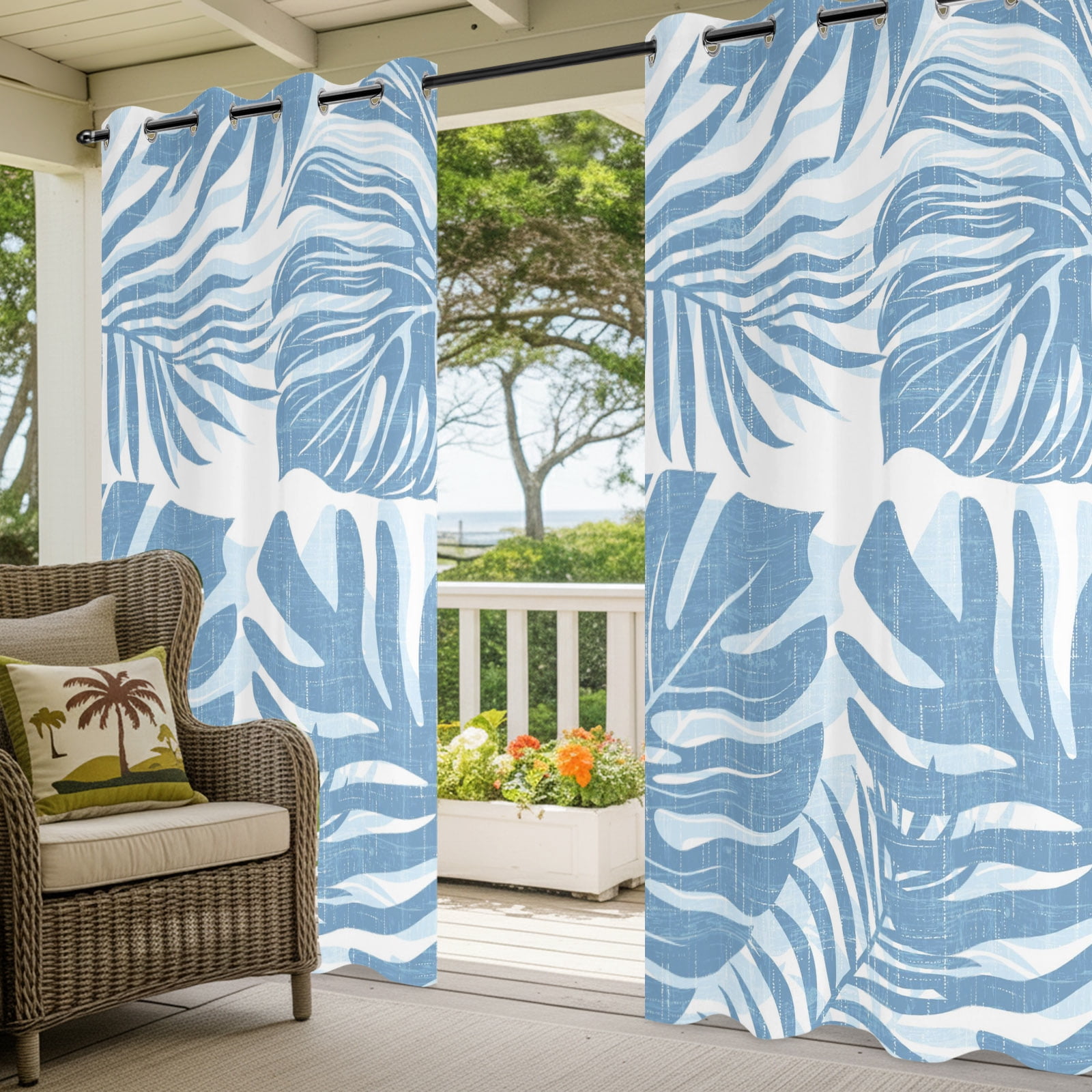 Coastal Blue Palm Leaves Outdoor Curtains for Patio, Tropical Botanical Minimalist Modern Sunshade Privacy Drapes Grommet Waterproof Outside Curtains for Porch/Cabana/Balcony 54"x 108", 1 Panel