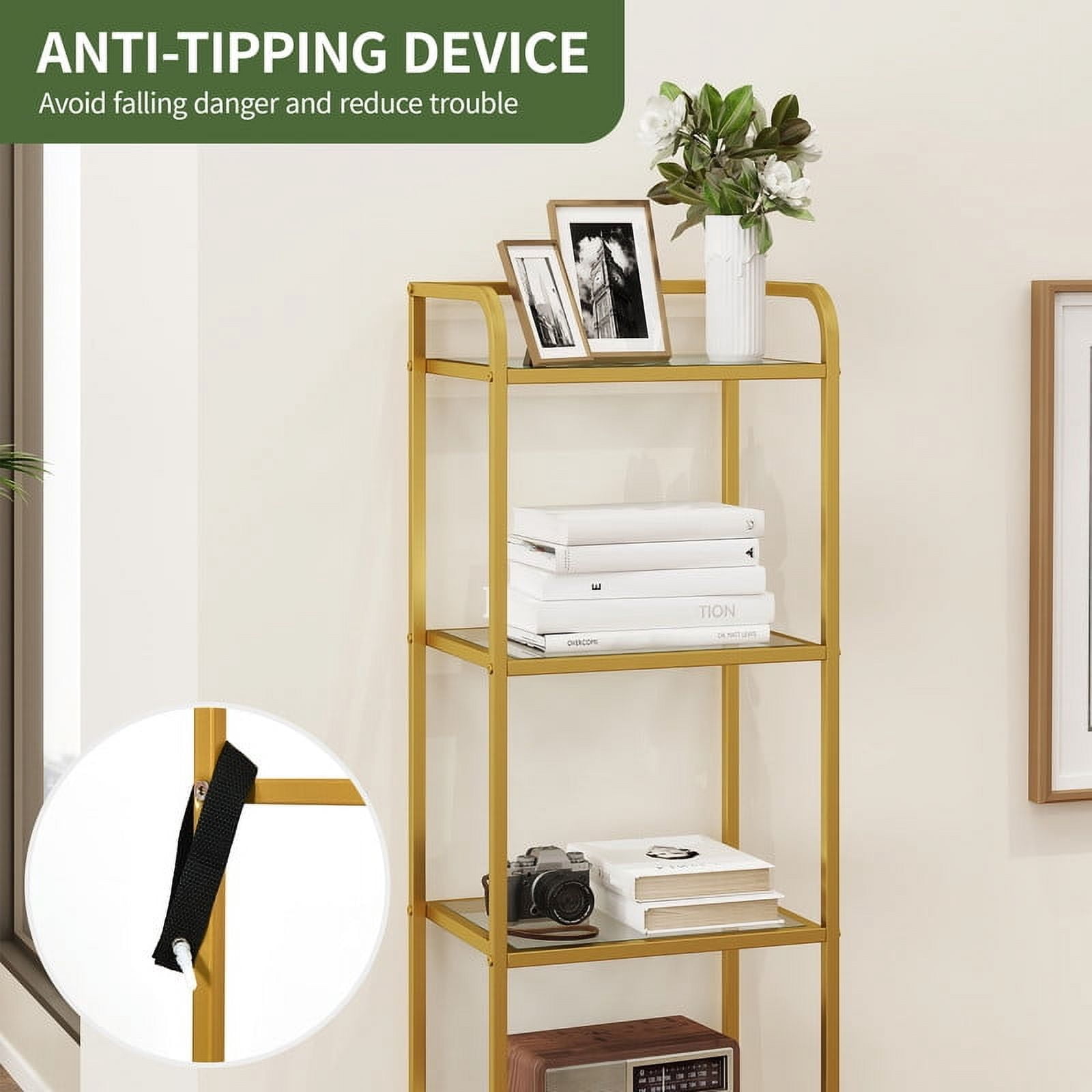 Uforic 6 Tier Modern Bookshelf, Tempered Glass Narrow Bookshelf, Open Display Bookcase, Gold Shelf Unit for Home Office, Living Room