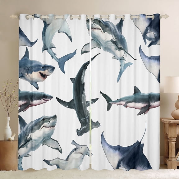 Manfei 3D Shark Boy Curtains Pack of 2 (42x84 Each), Funny Sealife Curtains Blackout, Ocean Marine Animal Bedroom Curtains, Window Curtains Room Decor