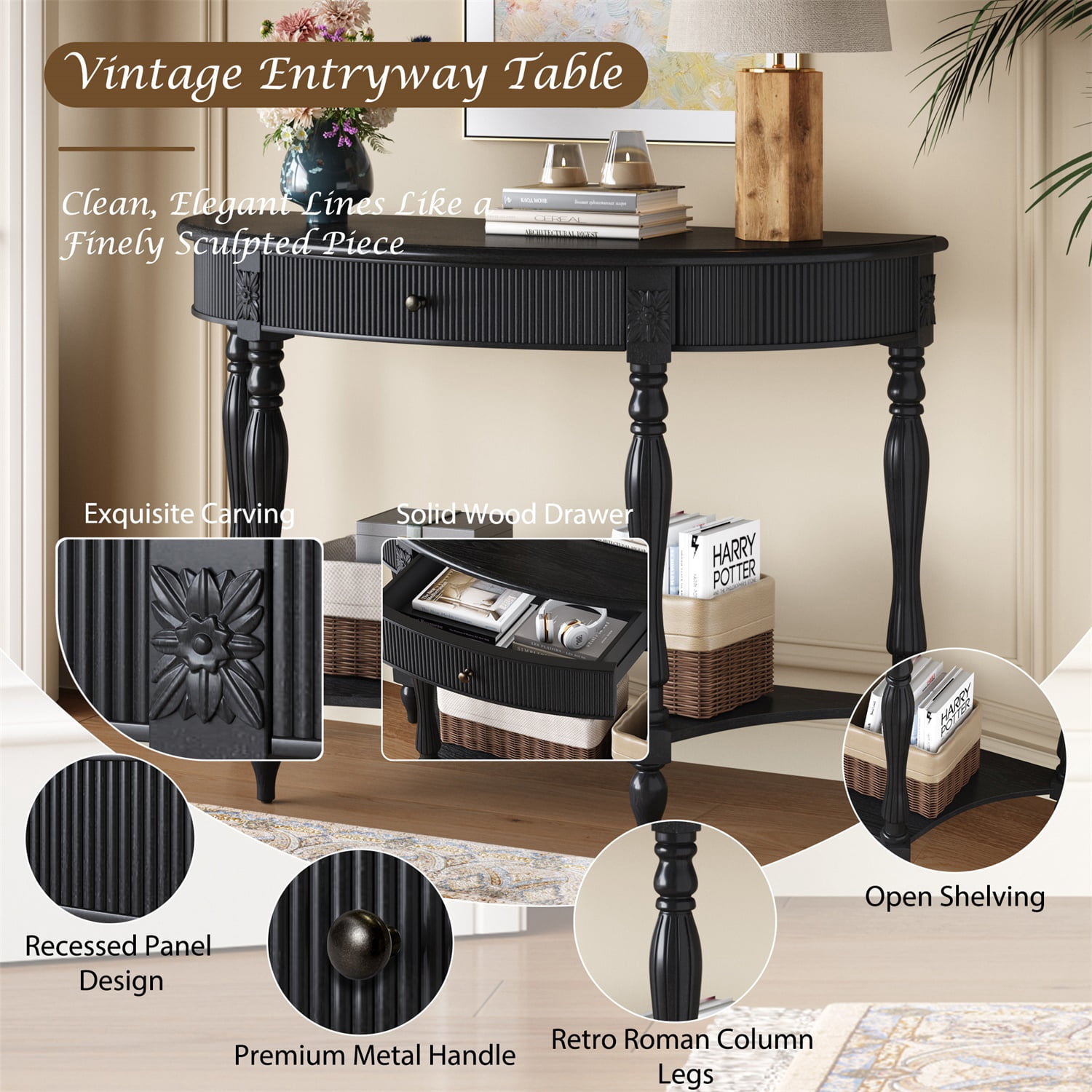 Hommoo Solid Wood Half Moon Console Table with Drawer & Open Shelf, Vintage Fluted Entryway Table for Hallway, Foyer, Living Room, Space-Saving Semicircular Accent Furniture, Black