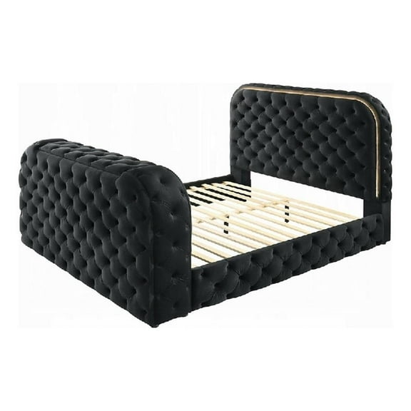 Kerie King Size Bed with LED Fireplace- TV Lift Stand- Black Velvet