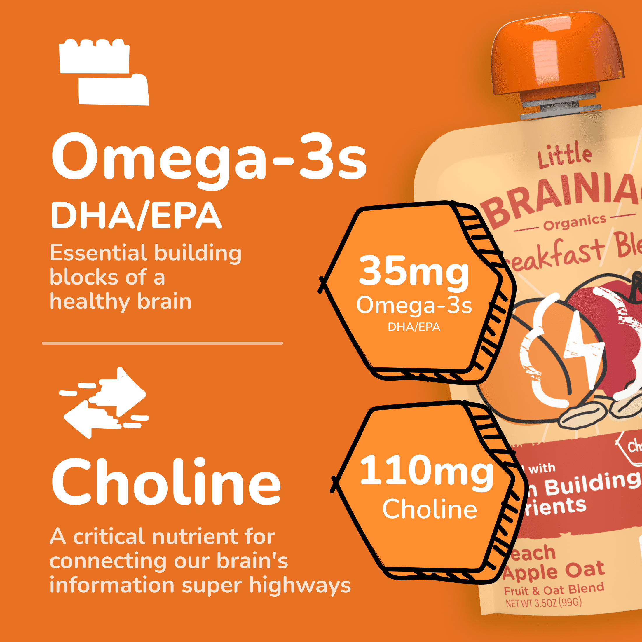 (12 pack) Little Brainiac Organic Fruit & Oat Toddler Food with BrainPack, Peach Apple Oat, 3.5oz
