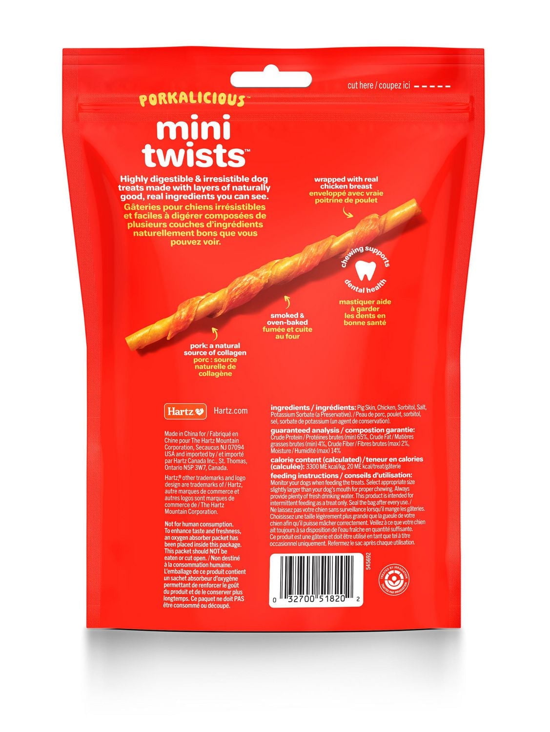 Hartz Oinkies Chicken Pig Skin Mini Twists Chew Dog Treats, 32pk