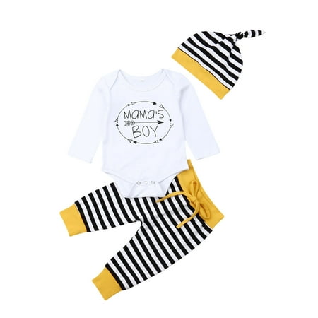 

Sunisery 3PCS Newborn Baby Boys Long Sleeve Romper Drawstring Striped Pants and Hat Fall Outfits White 6-12 Months