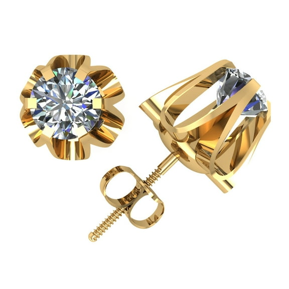1.00Ct Round Cut Diamond Buttercup Stud Earrings 14k Yellow Gold 6Prong ScrewBack I SI2