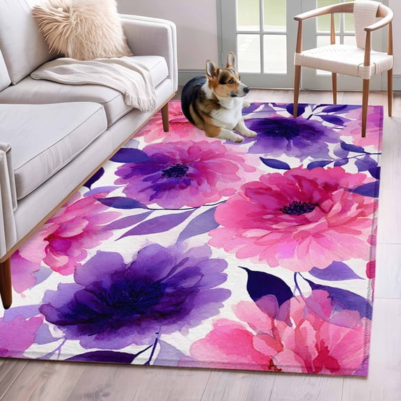 Watercolor Floral Area Rugs 3'x5', Washable Small Throw Rugs for Living Room Bedroom, Spring Flowers Botanical Vintage Indoor Outdoor Rug Non-Slip Low Pile Carpet Runner Reversible Floor Mats