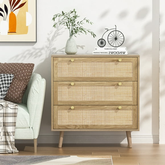 Eumyviv 3-Drawer Rattan Dresser, Rustic Oak Chest of Drawers with Natural Cane Front, Wood Legs & Gold Handles for Bedroom Living Room, H0027
