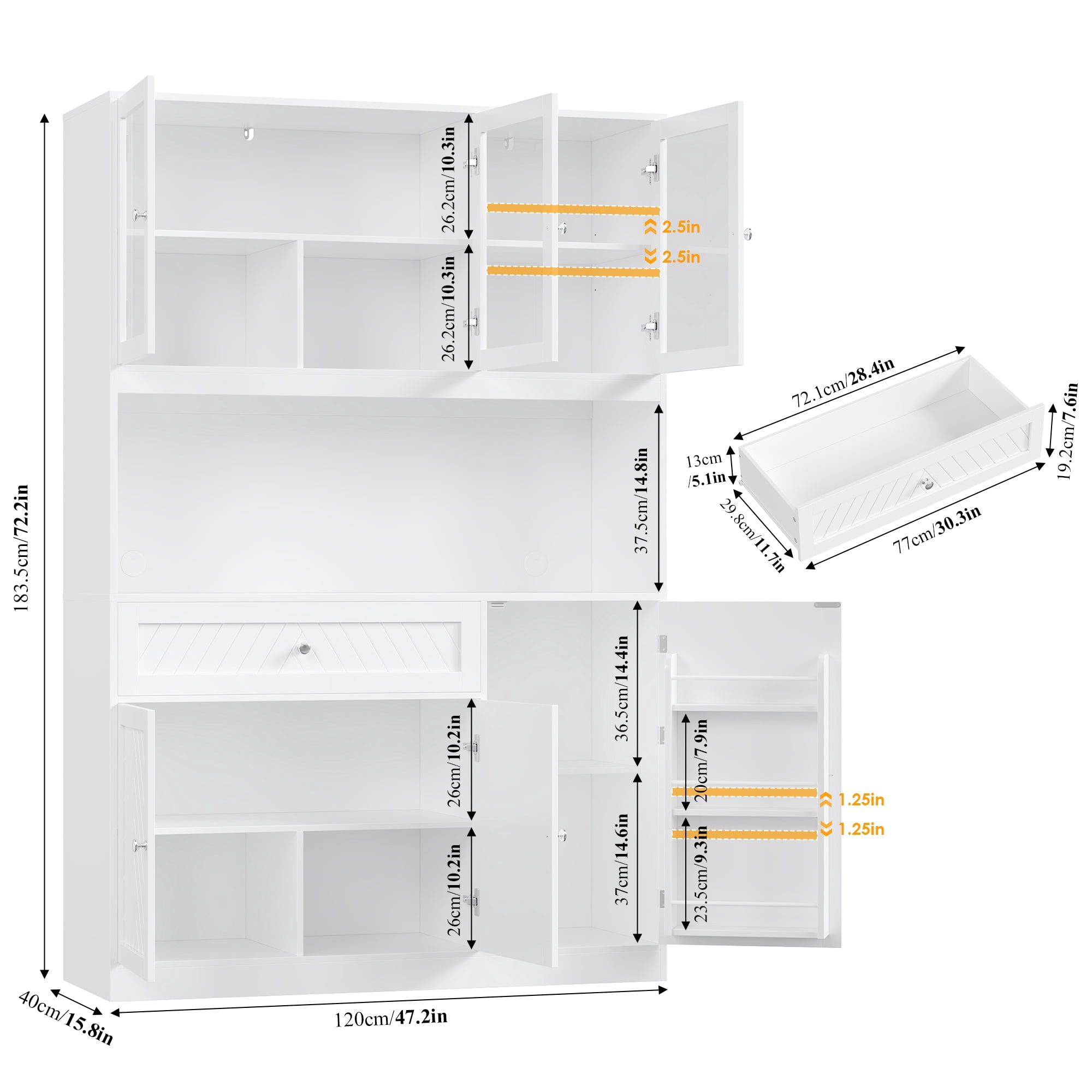 Hiphuta 72" Tall Modern Pantry Cabinet with Adjustable Shelves, Freestanding Kitchen Hutch Cabinet for Dining Room, White