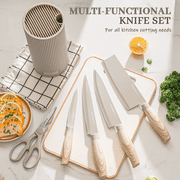 Astercook Knife Set, 6-Piece Kitchen Knives Set with Block & Non-Stick Healthy Coating, Stainless Steel Chef Knives with Anti-Slip Ergonomic Handle, Dishwasher Safe, Perfect Kitchen Home Gifts, Beige