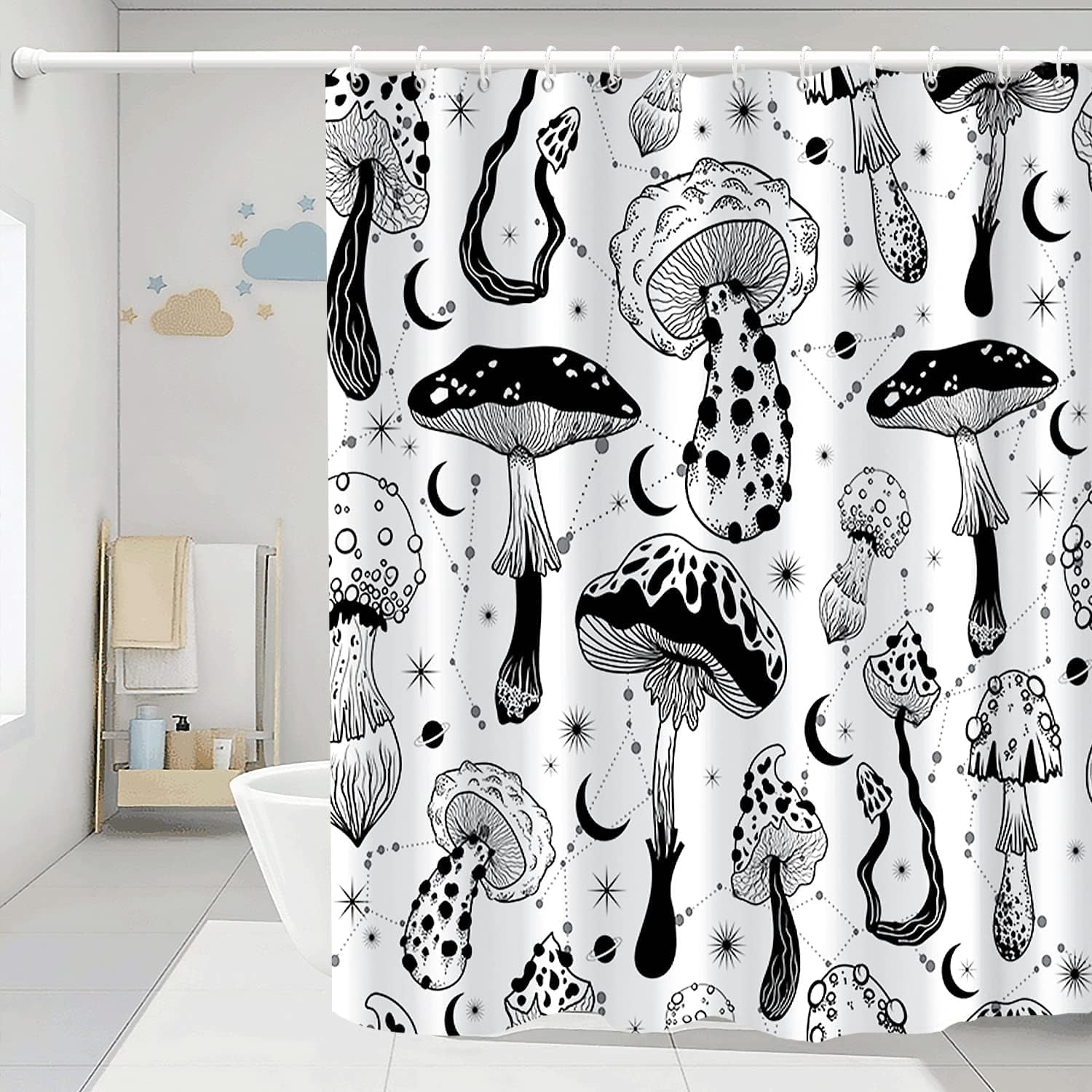 JOOCAR Mushrooms Bathroom Shower Curtain Psychedelic Retro 70s 60s Hippie  Black and White Shower Curtain Washable Durable Fabric Home Decorative  Shower Curtain with Hooks, 72x72 Inch 