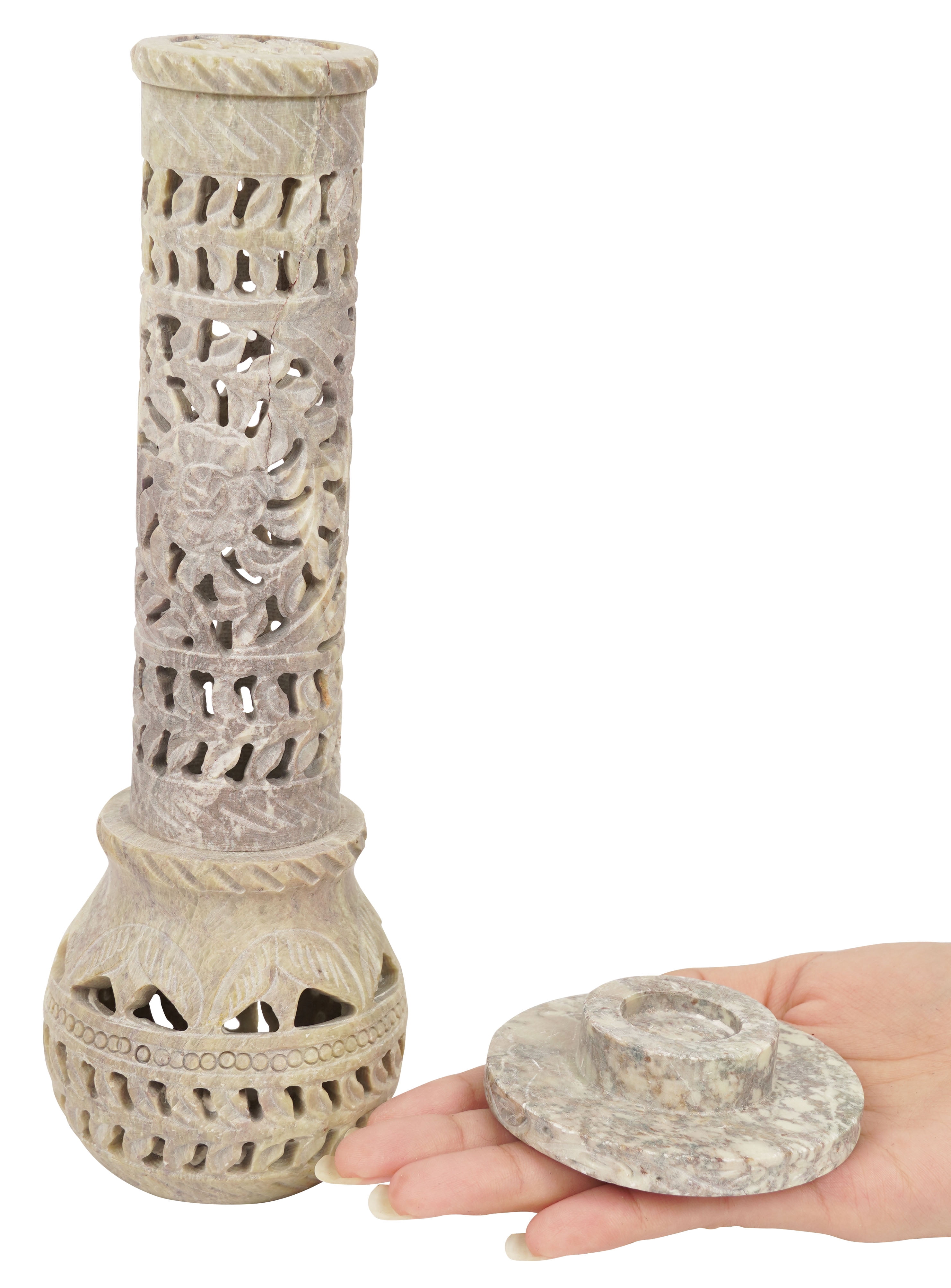 IBA Indianbeautifulart Handmade Stone Incense Stick Burner | Candle Stick Holder | Tea Light Burner , Perfect Floral Carving for Gifting- Decorative Home and Kitchen Decor (10x 1.7 Inches)