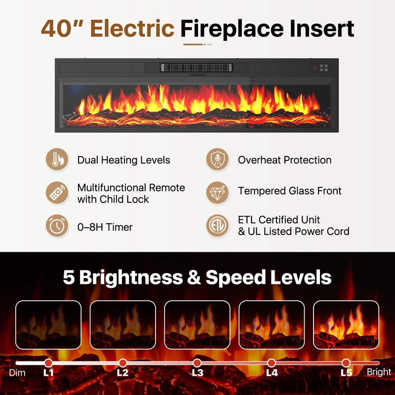 BaPiPro Mid‑Century Modern Fireplace TV Stand with 40 Inch Electric Fireplace 12‑Color RGB LED Lights Fits TVs up to 90 Inch Wood Media Console with Slatted Sliding Doors for Living Room Brown