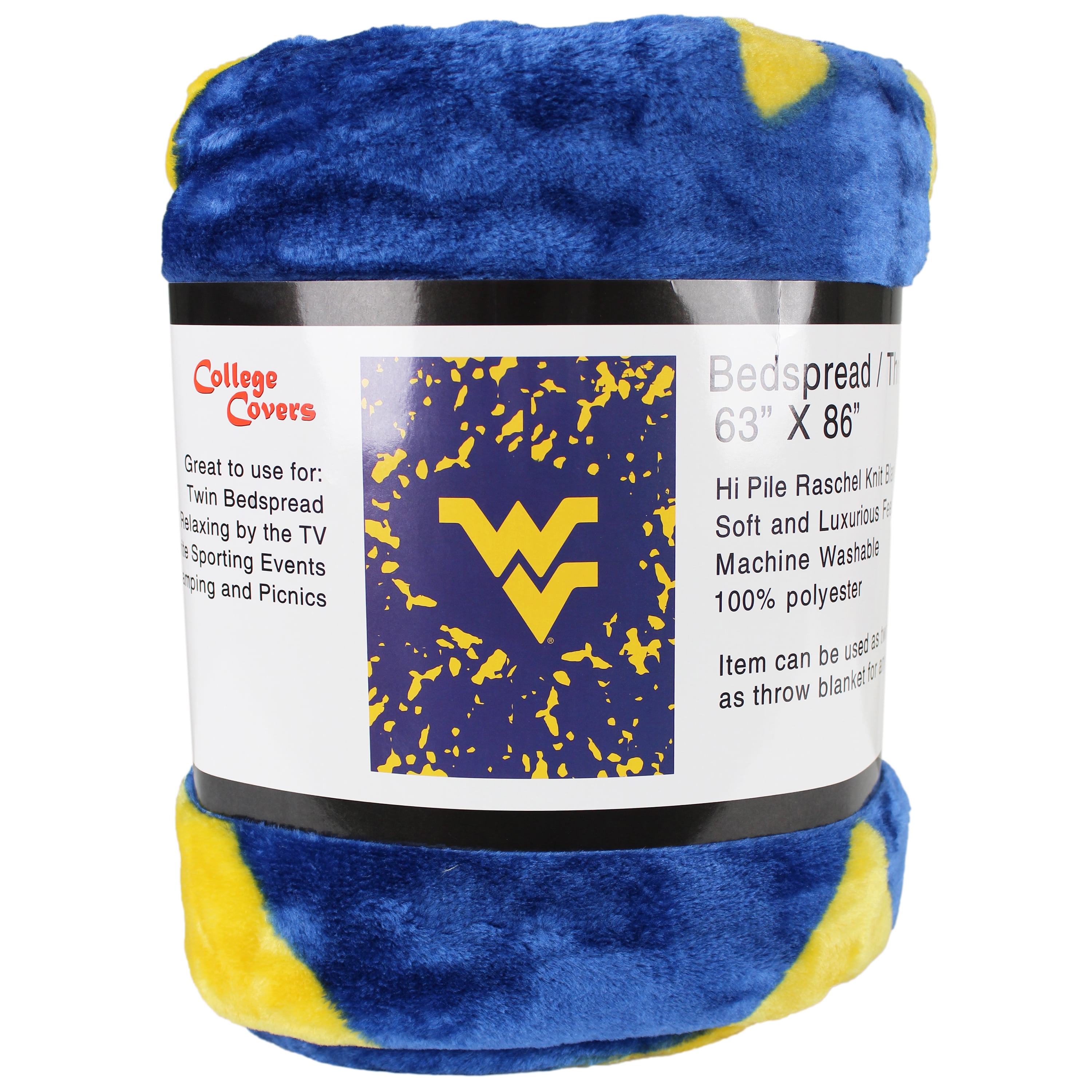 College Covers West Virginia Mountaineers Huge Raschel Throw Blanket, Bedspread, 86" x 63"